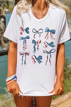 New Dear-Lover American Flag Pattern Bowknot Graphic Tee White