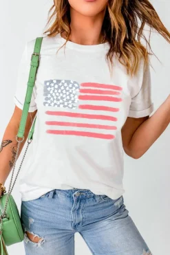 Online Dear-Lover American Flag Pattern Crew Neck Short Sleeve Tee White