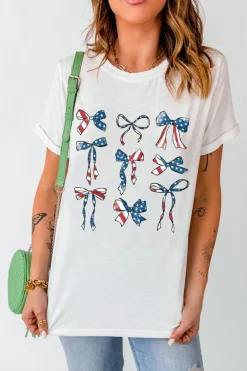 New Dear-Lover American Flag Pattern Bowknot Graphic Tee White