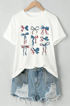 New Dear-Lover American Flag Pattern Bowknot Graphic Tee White