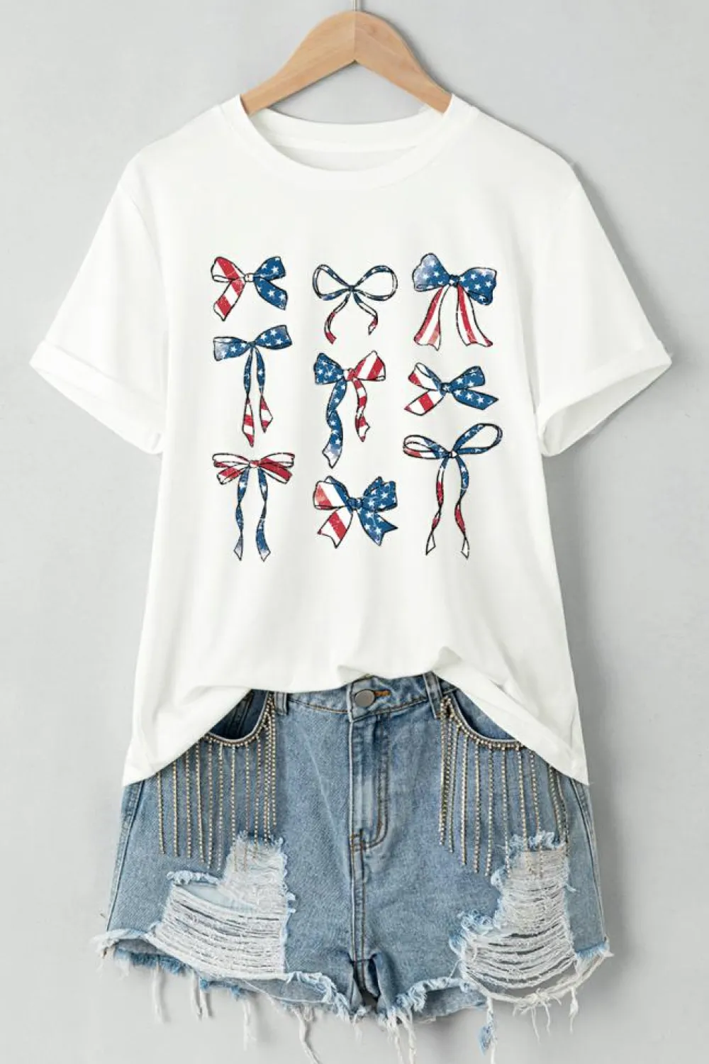 New Dear-Lover American Flag Pattern Bowknot Graphic Tee White