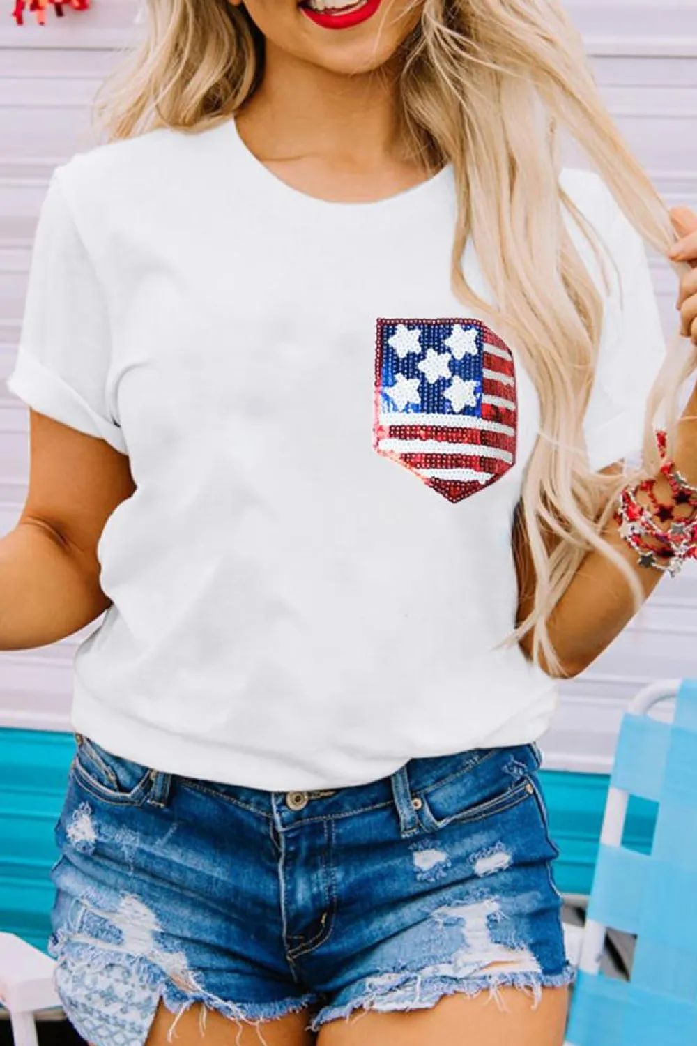 Outlet Dear-Lover American Flag Sequin Pocket Patched T Shirt White