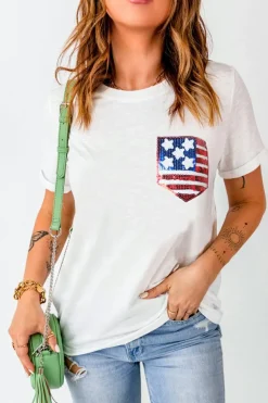 Outlet Dear-Lover American Flag Sequin Pocket Patched T Shirt White