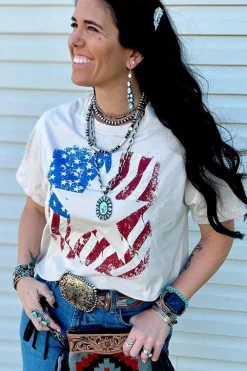 Sale Dear-Lover American Flag Star Graphic Crew Neck T Shirt White