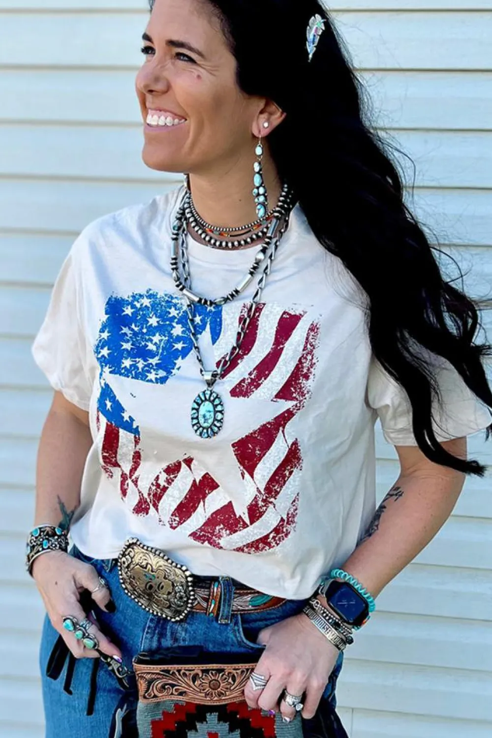 Sale Dear-Lover American Flag Star Graphic Crew Neck T Shirt White