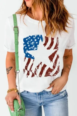 Sale Dear-Lover American Flag Star Graphic Crew Neck T Shirt White