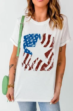 Sale Dear-Lover American Flag Star Graphic Crew Neck T Shirt White