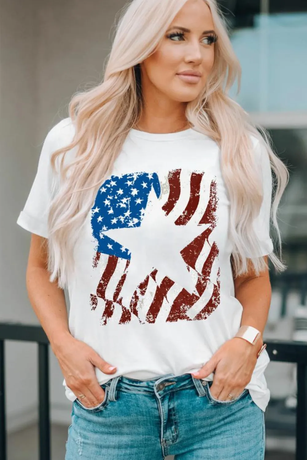 Sale Dear-Lover American Flag Star Graphic Crew Neck T Shirt White