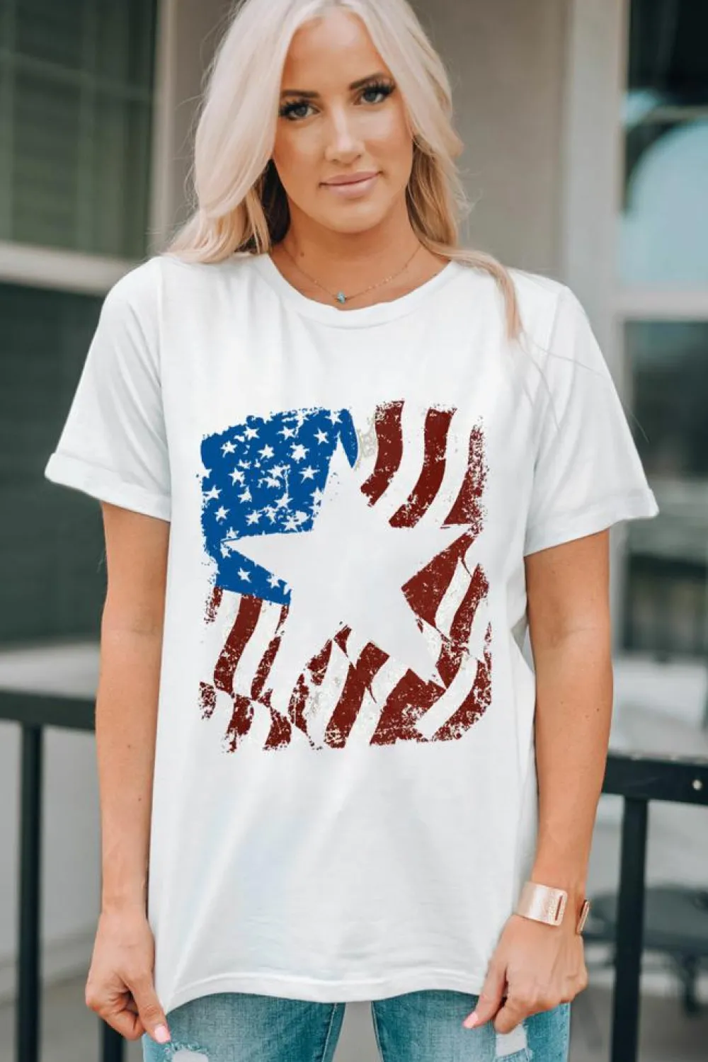 Sale Dear-Lover American Flag Star Graphic Crew Neck T Shirt White