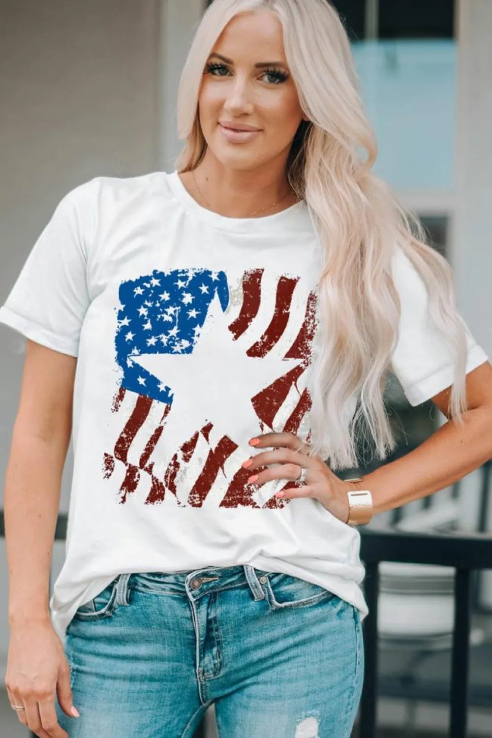 Sale Dear-Lover American Flag Star Graphic Crew Neck T Shirt White