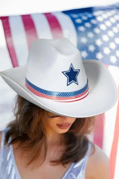 Online Dear-Lover American Flag Theme Print Wide Brim Cowboy Hat White