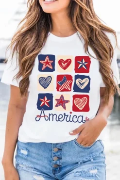 New Dear-Lover American Heart Star Checkered Graphic Tee White