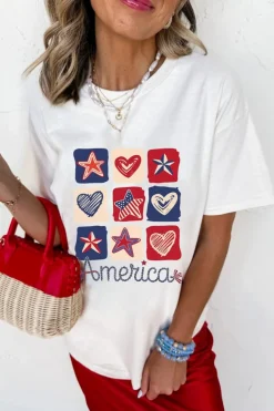 New Dear-Lover American Heart Star Checkered Graphic Tee White
