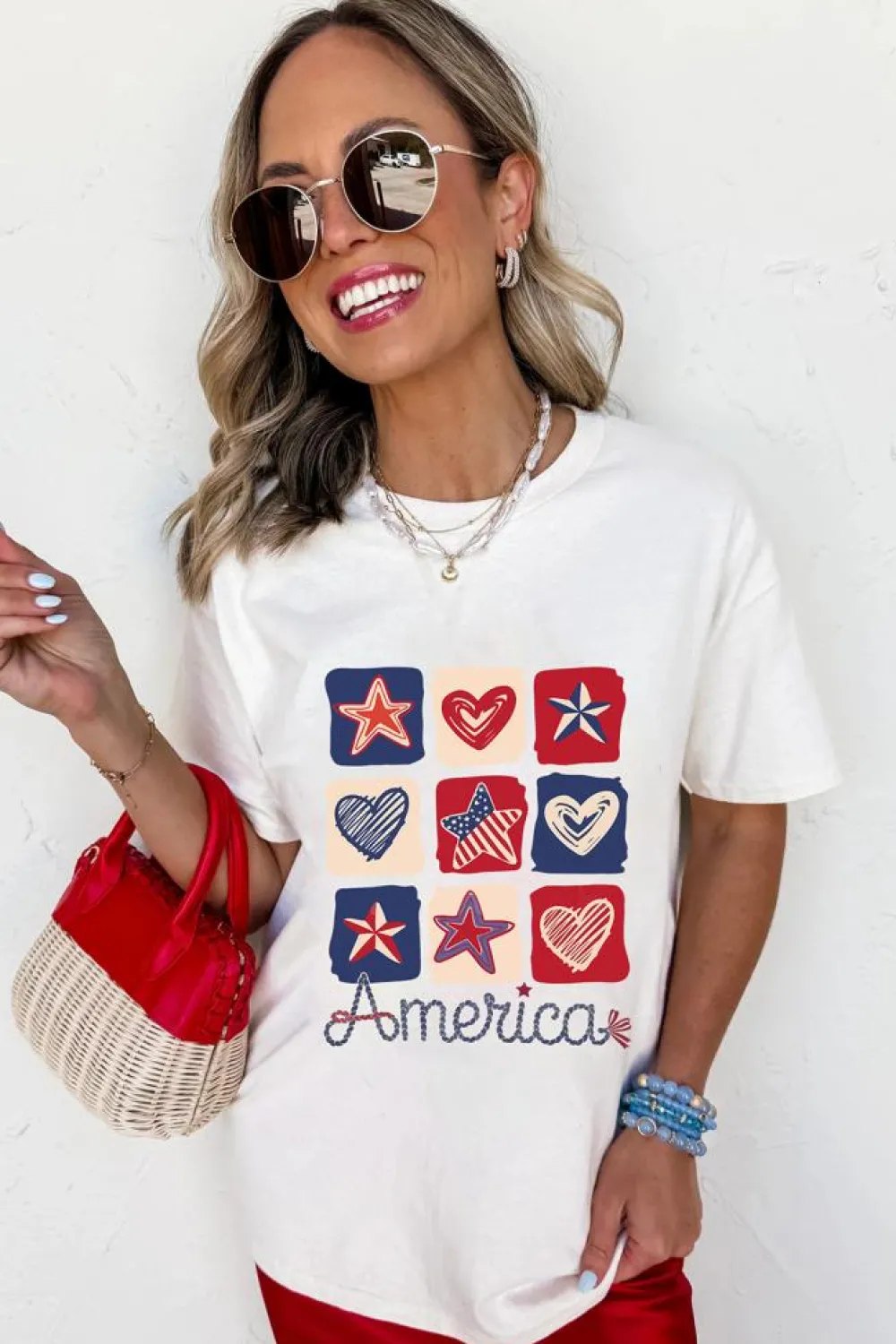New Dear-Lover American Heart Star Checkered Graphic Tee White