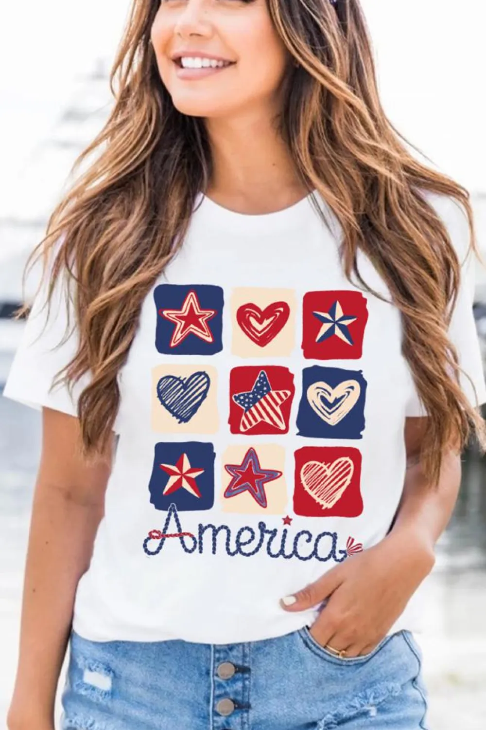New Dear-Lover American Heart Star Checkered Graphic Tee White