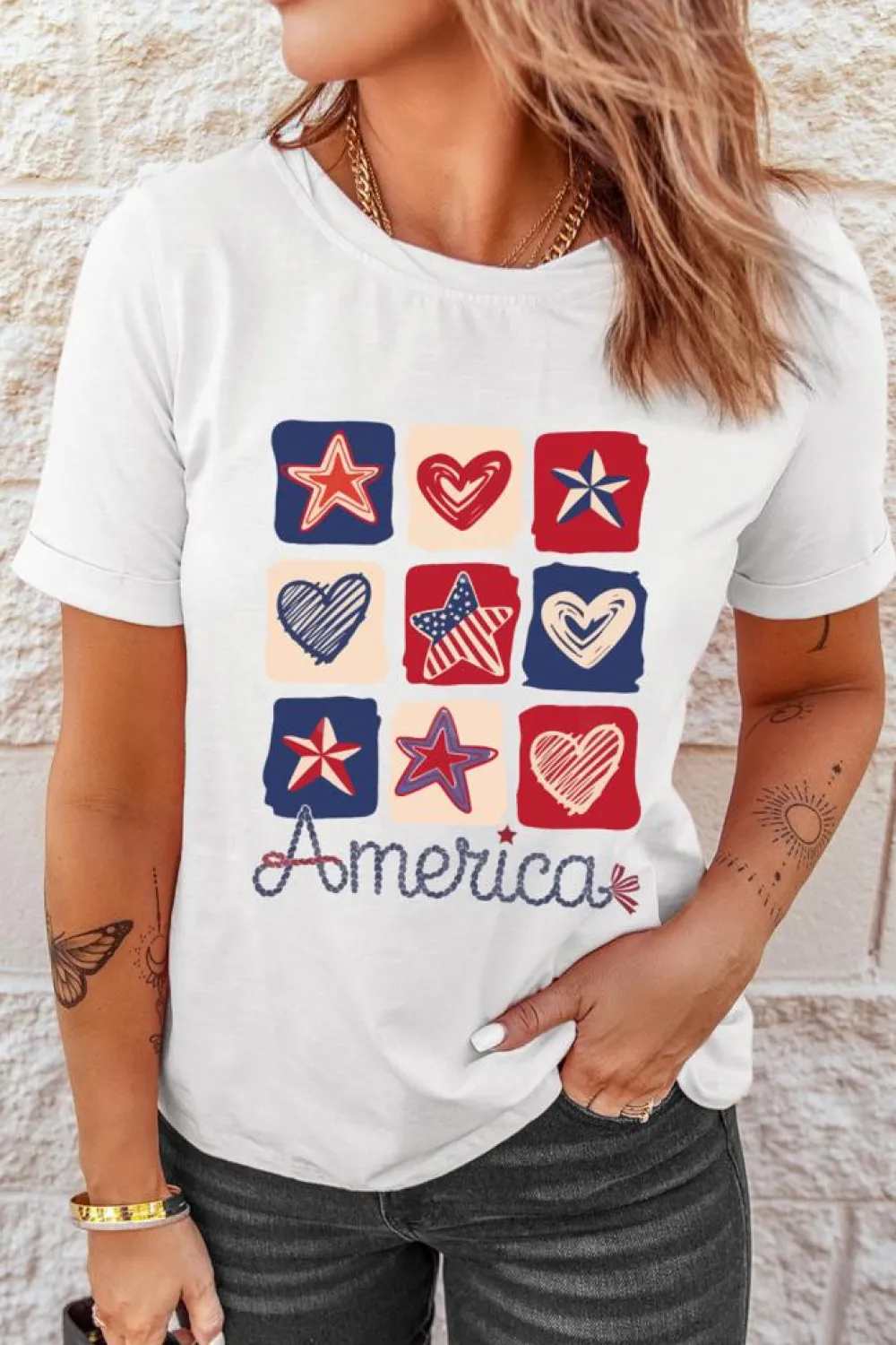 New Dear-Lover American Heart Star Checkered Graphic Tee White