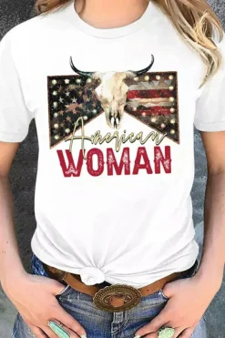Fashion Dear-Lover American Woman Bull Skull Graphic T Shirt White