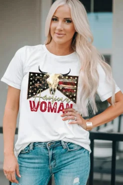 Fashion Dear-Lover American Woman Bull Skull Graphic T Shirt White