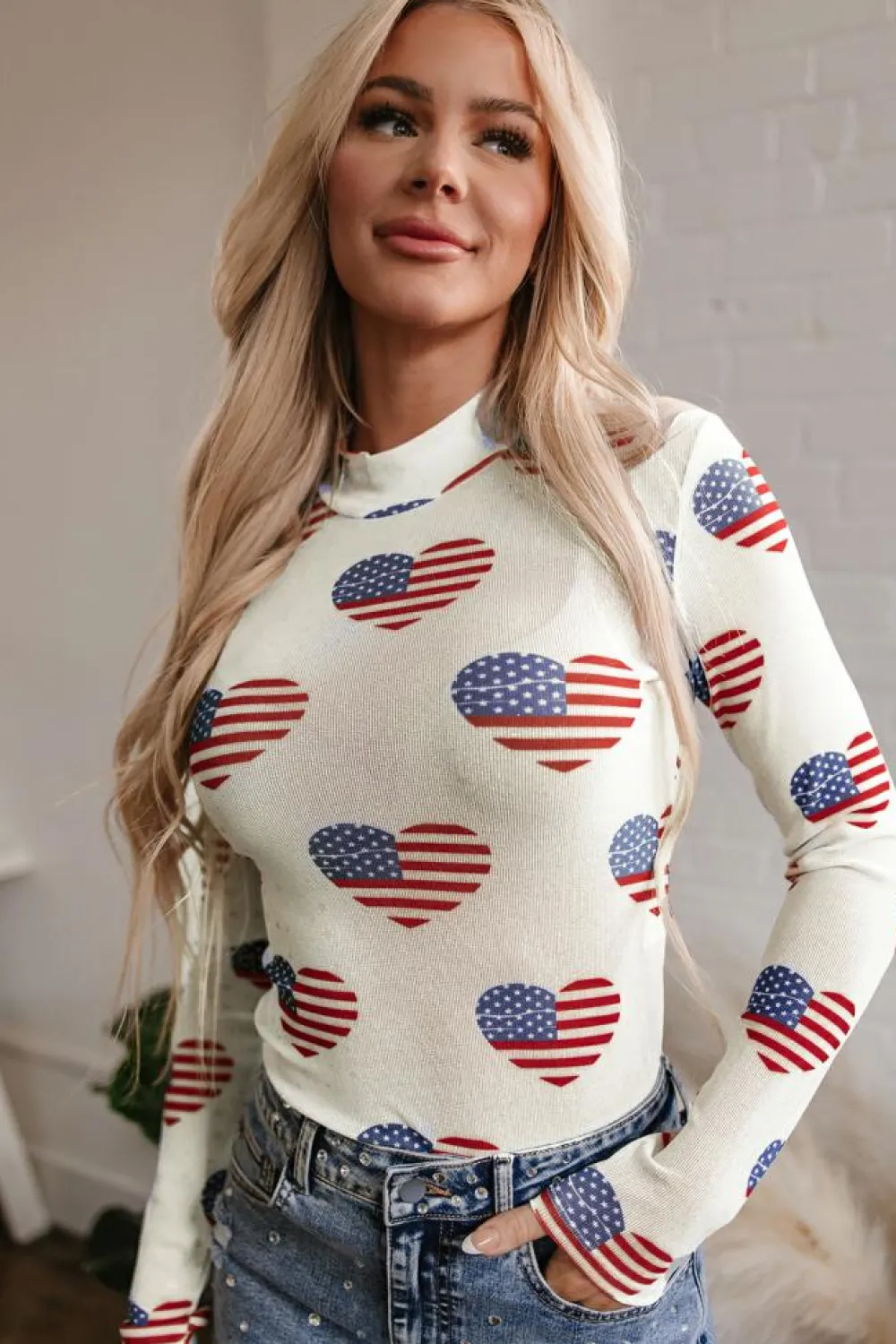 Online Dear-Lover Americana Glitter Mesh Long Sleeve Bodysuit White