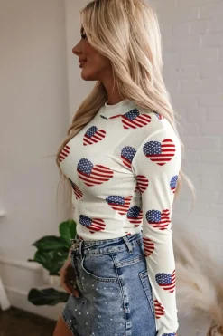 Online Dear-Lover Americana Glitter Mesh Long Sleeve Bodysuit White