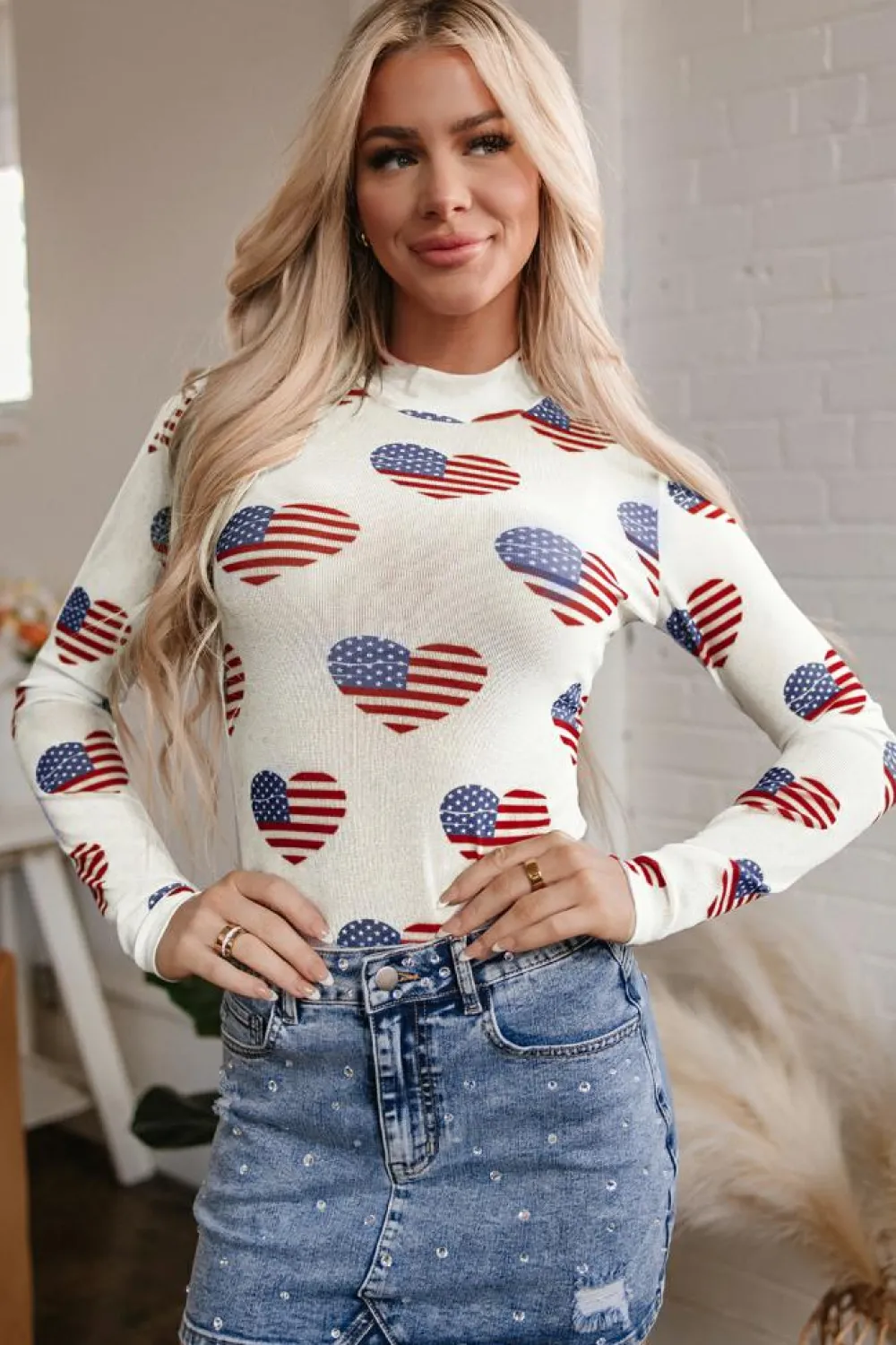Online Dear-Lover Americana Glitter Mesh Long Sleeve Bodysuit White