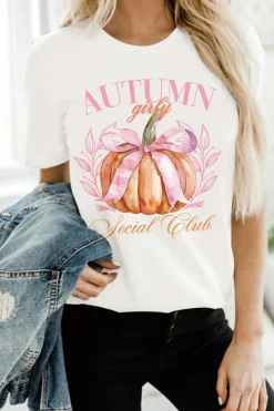 Sale Dear-Lover Autumn Girly Thanksgiving Bowknot Pumpkin Graphic T Shirt White