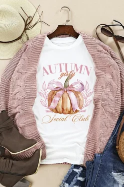 Sale Dear-Lover Autumn Girly Thanksgiving Bowknot Pumpkin Graphic T Shirt White