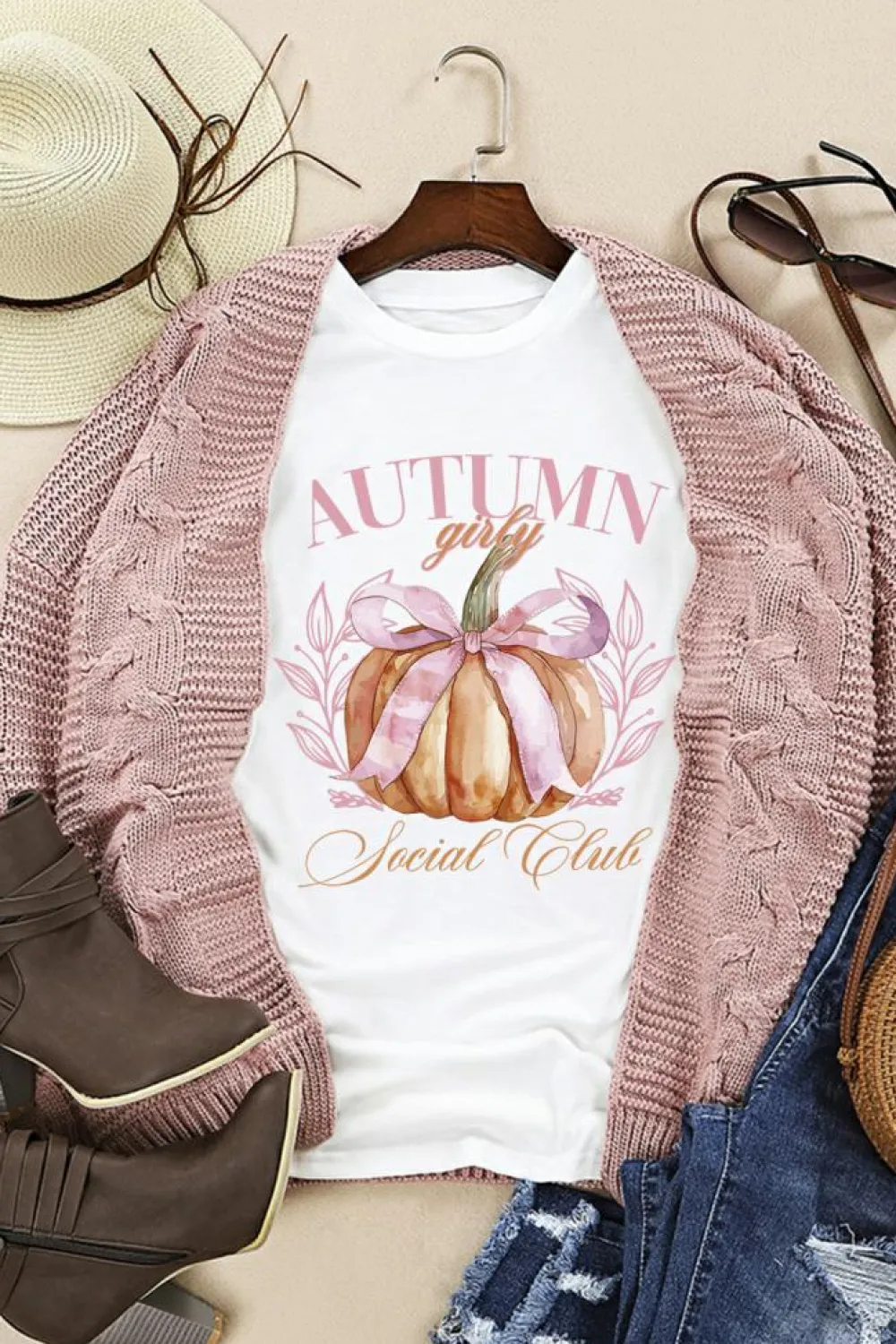 Sale Dear-Lover Autumn Girly Thanksgiving Bowknot Pumpkin Graphic T Shirt White