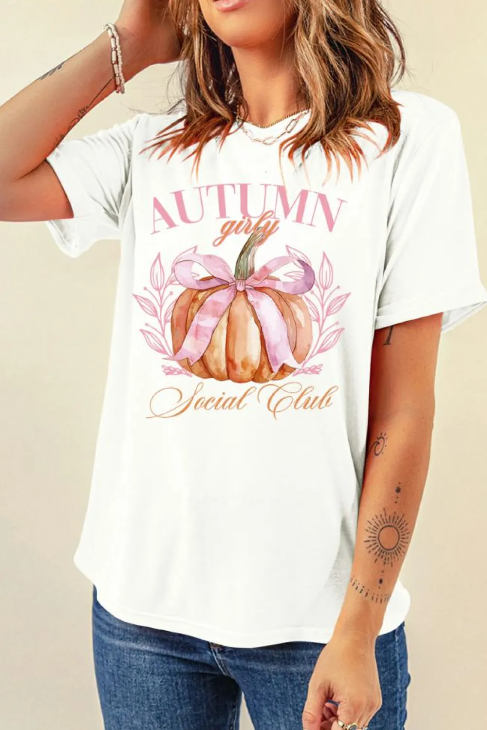 Sale Dear-Lover Autumn Girly Thanksgiving Bowknot Pumpkin Graphic T Shirt White