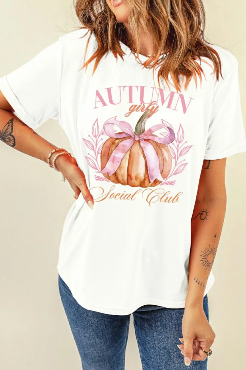 Sale Dear-Lover Autumn Girly Thanksgiving Bowknot Pumpkin Graphic T Shirt White