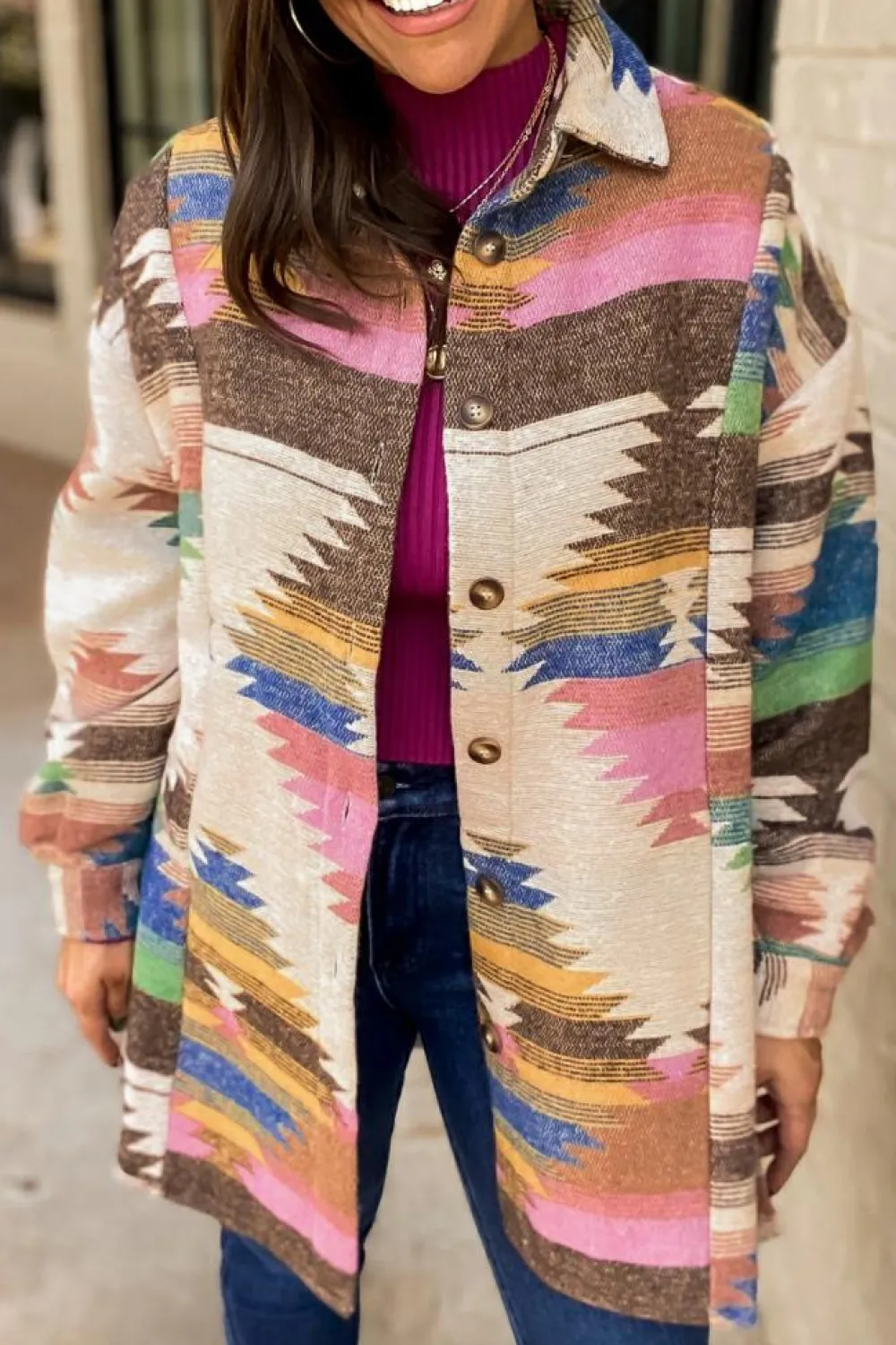 Fashion Dear-Lover Aztec Print Button Up Shacket White