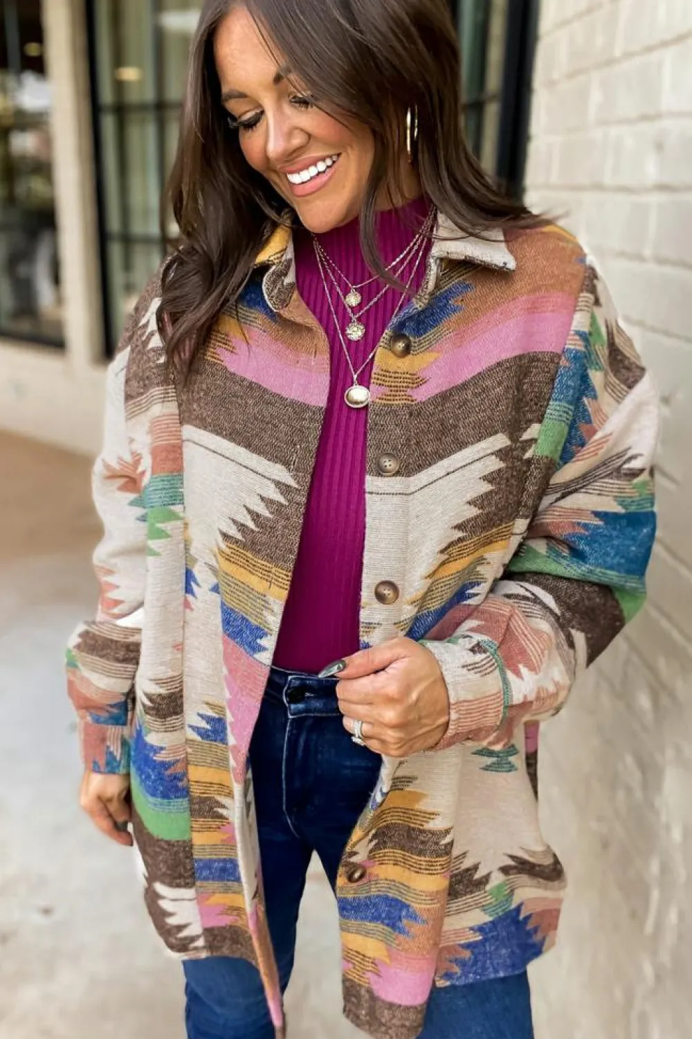 Fashion Dear-Lover Aztec Print Button Up Shacket White
