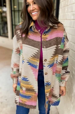 Fashion Dear-Lover Aztec Print Button Up Shacket White