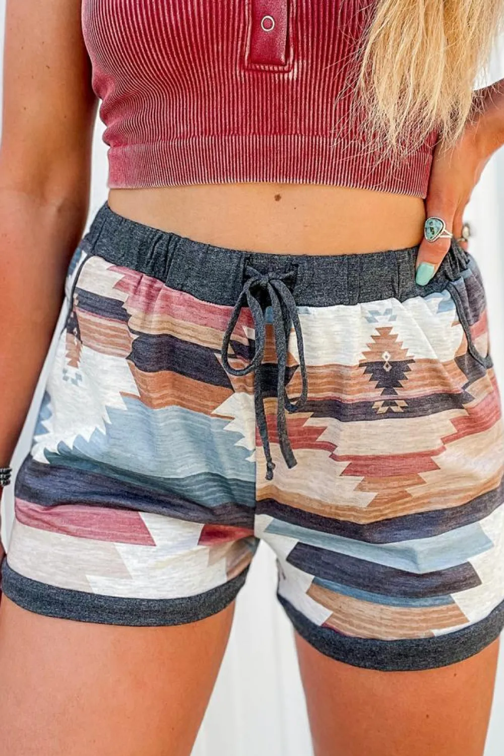 Clearance Dear-Lover Aztec Print Drawstring Waist Casual Shorts White