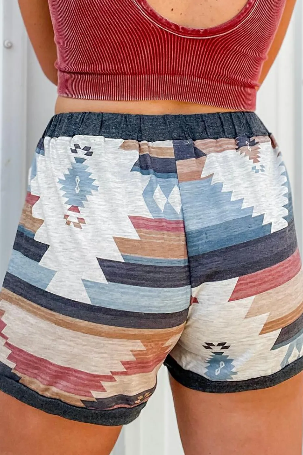 Clearance Dear-Lover Aztec Print Drawstring Waist Casual Shorts White