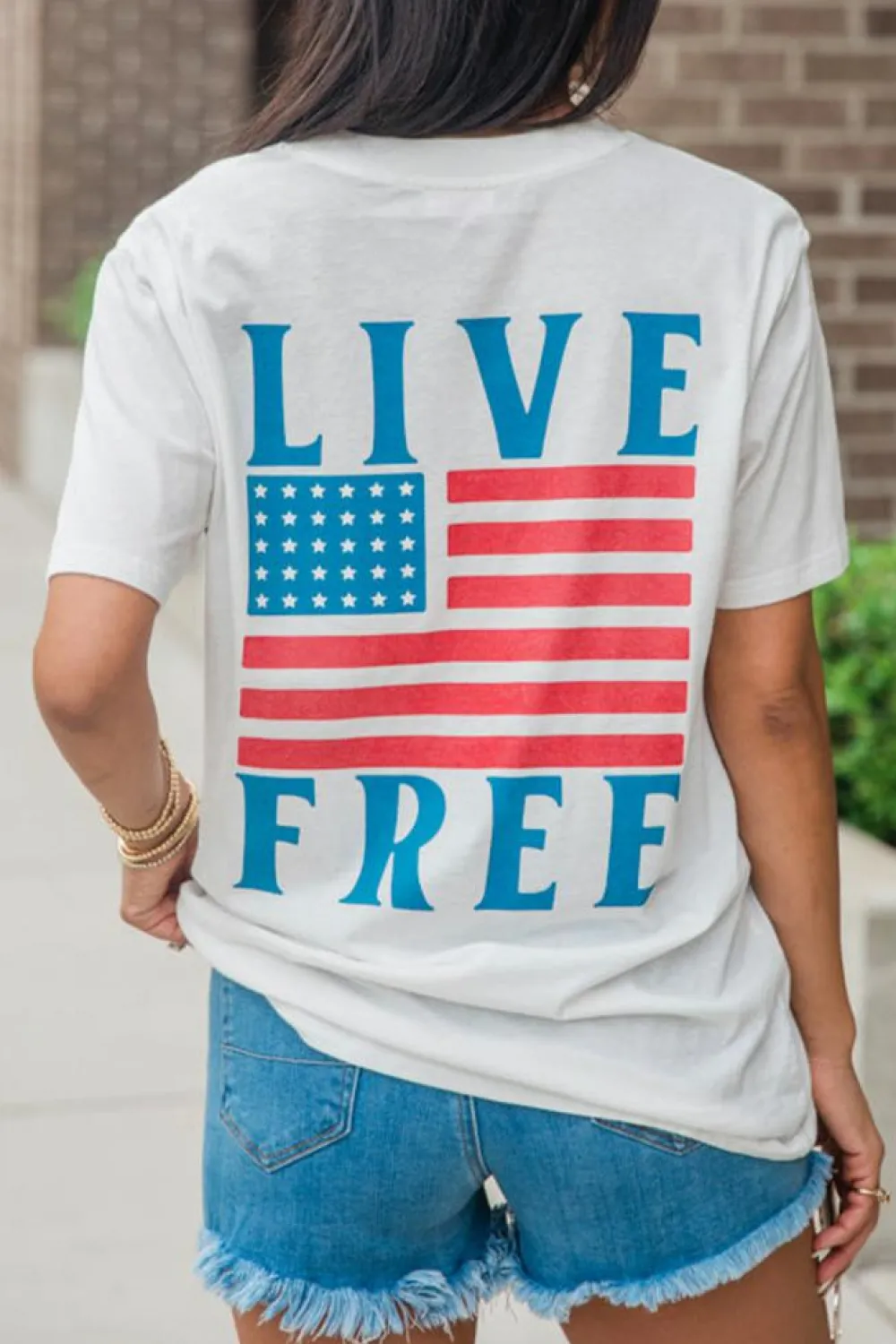 New Dear-Lover Back American Flag LIVE FREE Graphic T Shirt White