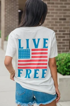 New Dear-Lover Back American Flag LIVE FREE Graphic T Shirt White