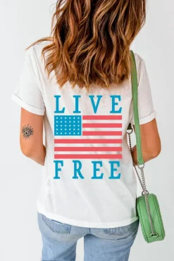 New Dear-Lover Back American Flag LIVE FREE Graphic T Shirt White