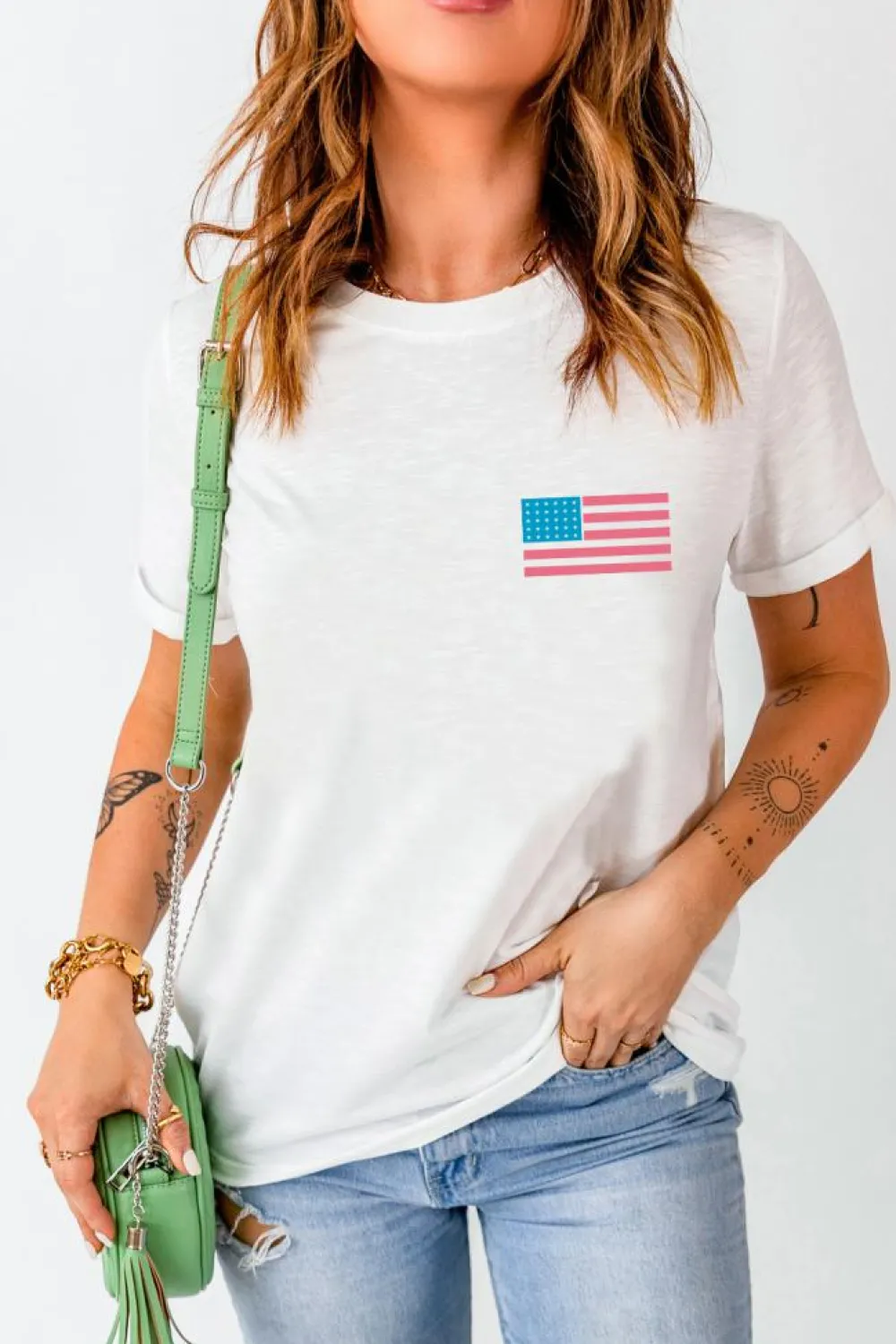 New Dear-Lover Back American Flag LIVE FREE Graphic T Shirt White