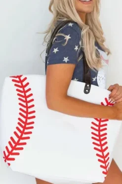 Outlet Dear-Lover Baseball Pattern Canvas Large Tote Bag White