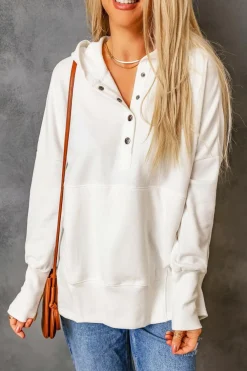 New Dear-Lover Batwing Sleeve Pocketed Henley Hoodie White