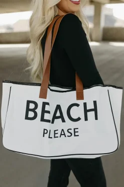 Fashion Dear-Lover BEACH PLEASE Print Large Canvas Tote Bag White