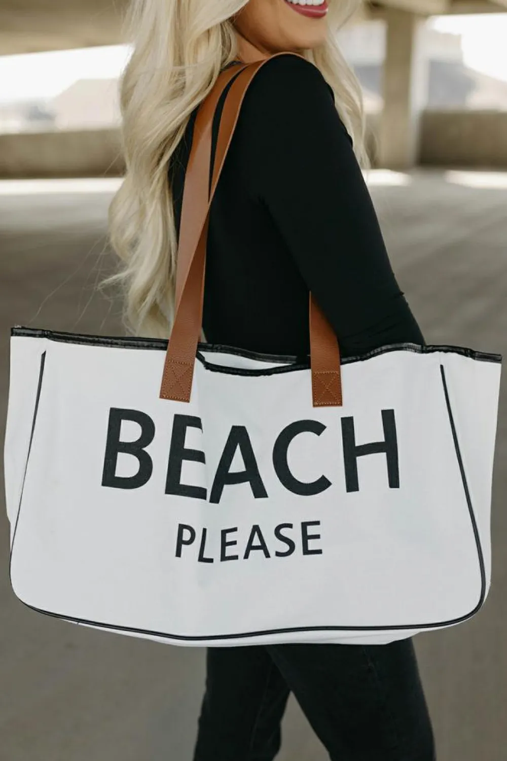 Fashion Dear-Lover BEACH PLEASE Print Large Canvas Tote Bag White