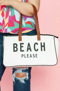 Fashion Dear-Lover BEACH PLEASE Print Large Canvas Tote Bag White