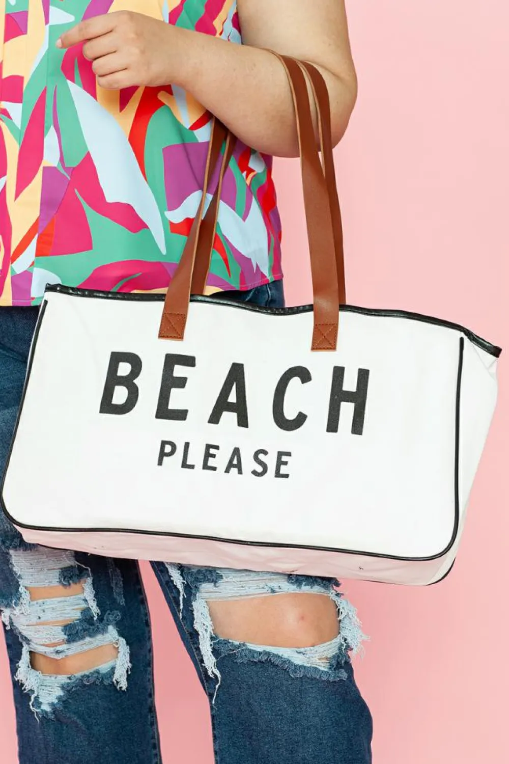 Fashion Dear-Lover BEACH PLEASE Print Large Canvas Tote Bag White