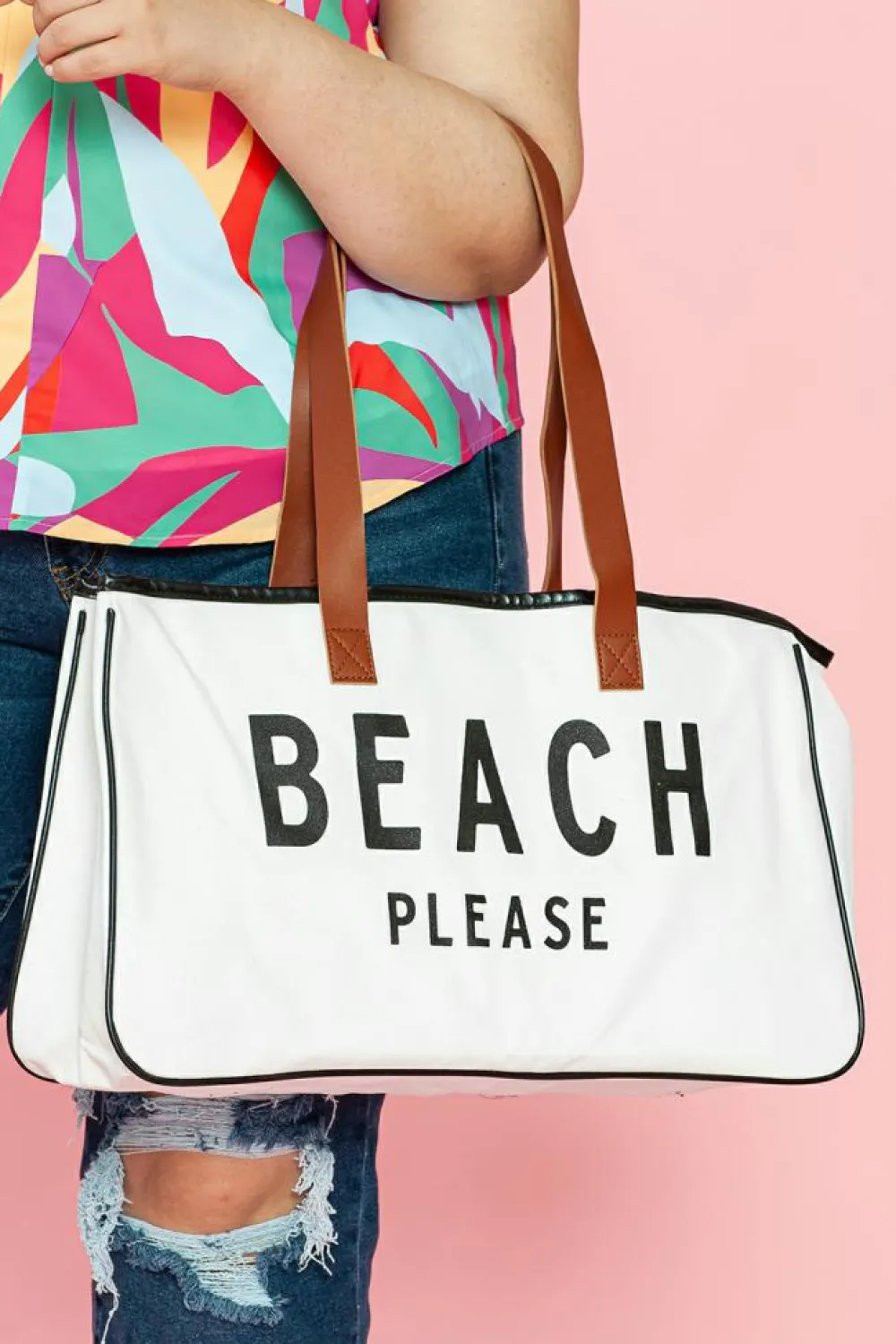 Fashion Dear-Lover BEACH PLEASE Print Large Canvas Tote Bag White