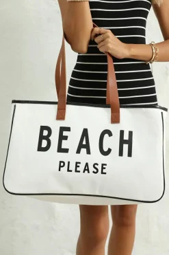Fashion Dear-Lover BEACH PLEASE Print Large Canvas Tote Bag White