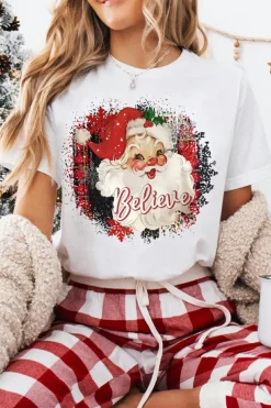 Fashion Dear-Lover Believe Christmas Father Graphic Crewneck T Shirt White