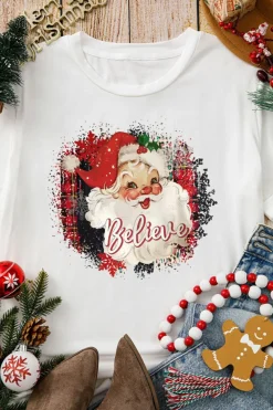 Fashion Dear-Lover Believe Christmas Father Graphic Crewneck T Shirt White