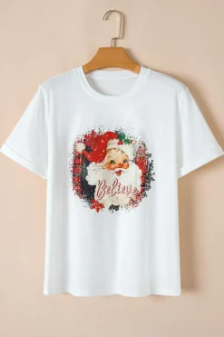 Fashion Dear-Lover Believe Christmas Father Graphic Crewneck T Shirt White